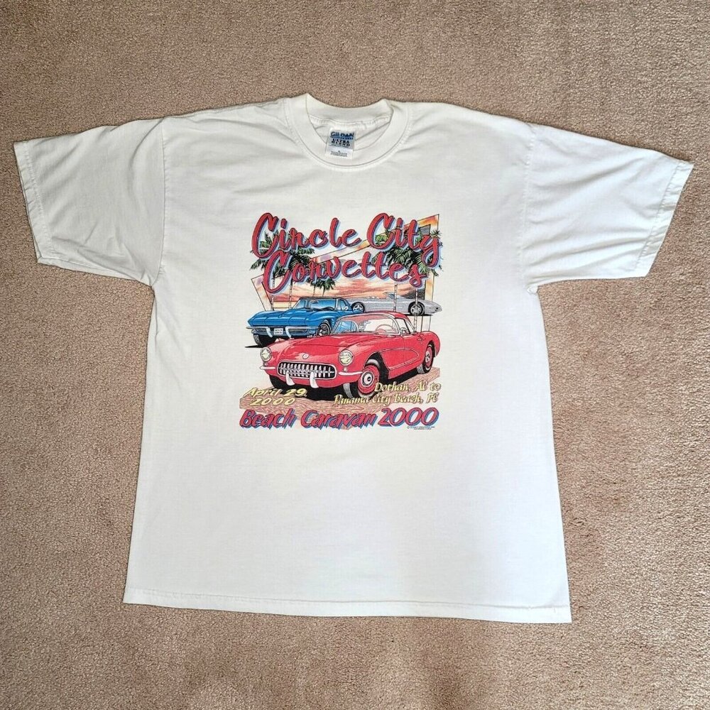 Vintage T Shirt Ss XL White Corvette Circle City Corvettes Beach Caravan 2000's - Picture 2 of 8